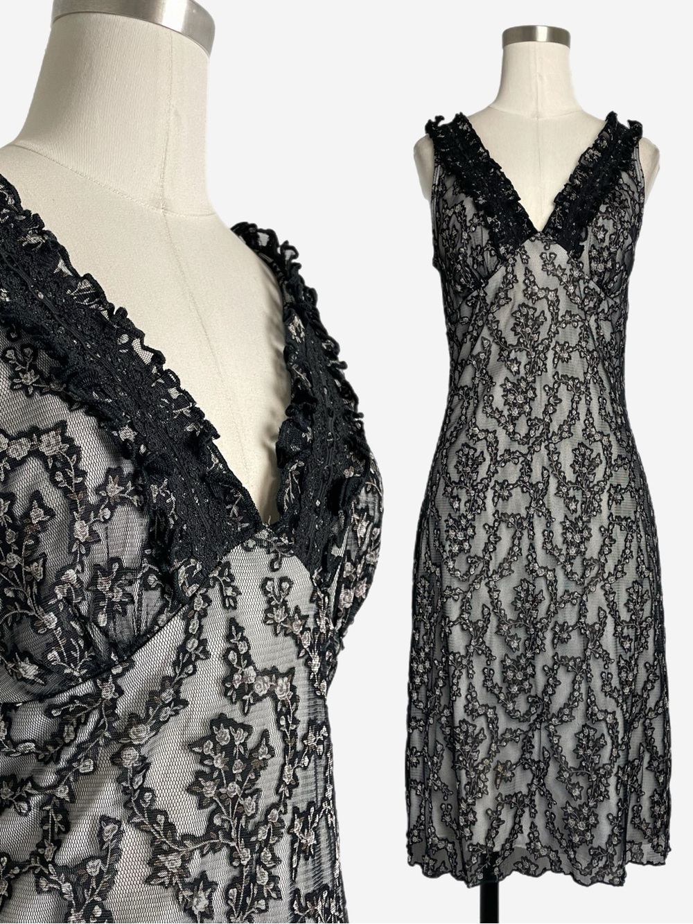 Vintage Y2K CDC black floral mesh lace ruffle midi dress whimsigoth dark fairy S
